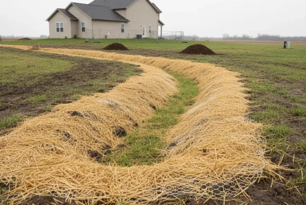 Erosion control swale with straw matting on a flat residential property in Milford Center.