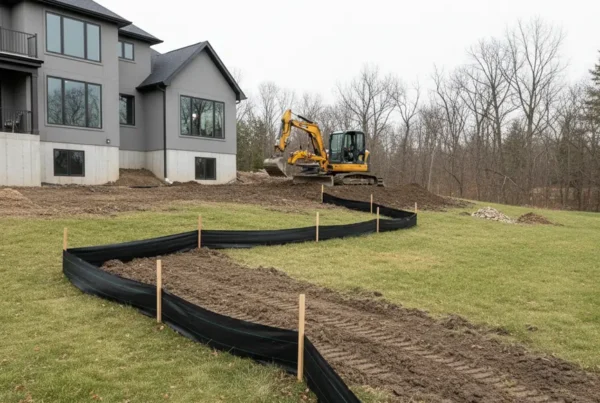 Erosion control measures, including a silt fence and grading, on a sloped residential lot.