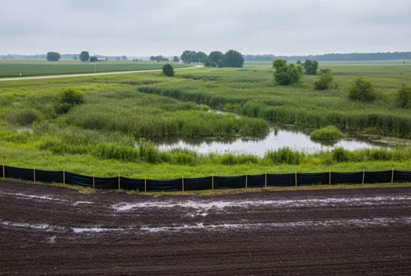 Silt fencing installed for erosion control along a saturated Ohio farm field near wetlands.