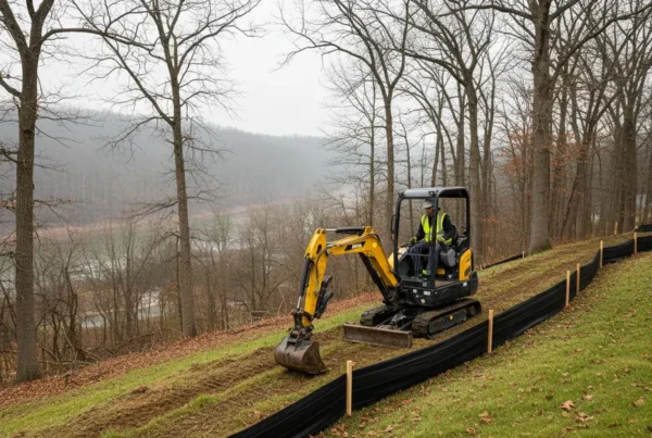 Mini-excavator on a steep residential slope performing erosion control work in Hebron, Ohio.