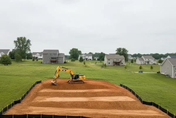 Excavator and silt fence providing erosion control on a steep residential hillside.