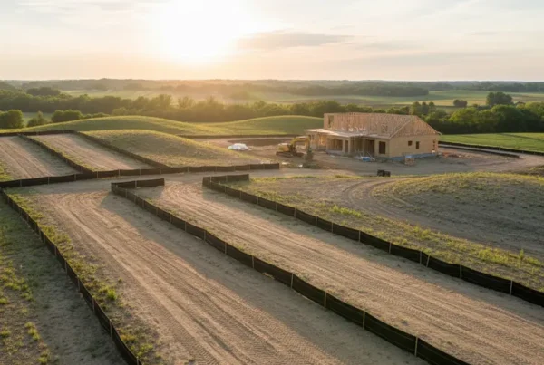 Silt fencing installed for erosion control on a rolling residential lot in Ostrander, Ohio.