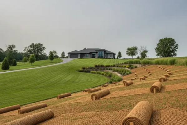 Erosion control blankets stabilizing a sloped residential backyard with clay soil in Rushville.