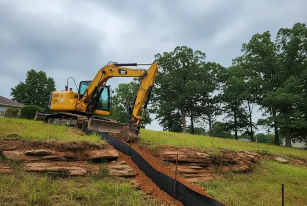Excavator installing erosion control silt fence on a steep residential slope in Lancaster, Ohio.