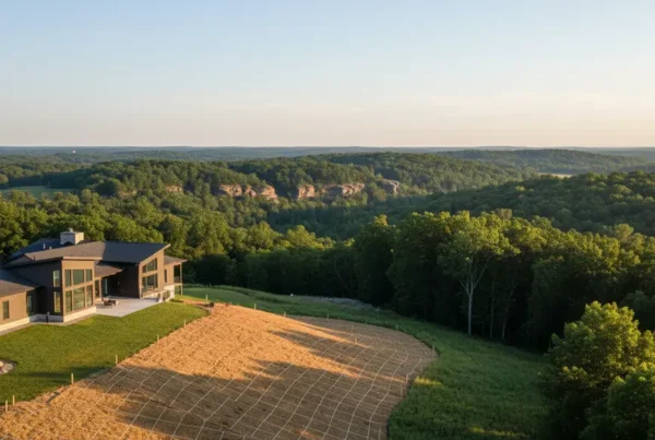 Erosion control blanket stabilizing a steep, wooded residential hillside in Amanda, Ohio.