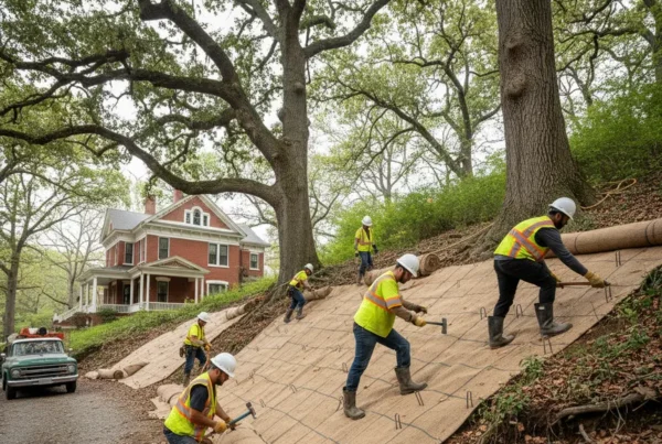 Crew installing erosion control measures on a steep, wooded residential hill in Granville, Ohio.