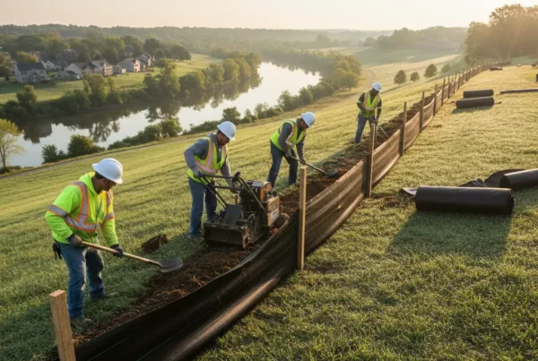 Crew installing erosion control silt fencing on a steep residential hillside in Newark, Ohio.
