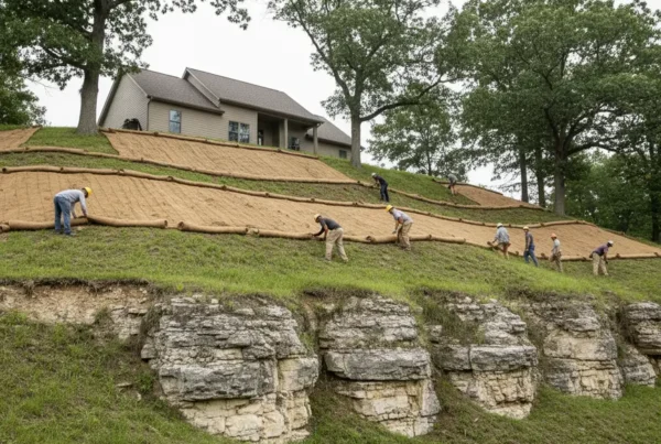 A professional crew installing erosion control blankets on a steep residential hillside in Lithopolis.