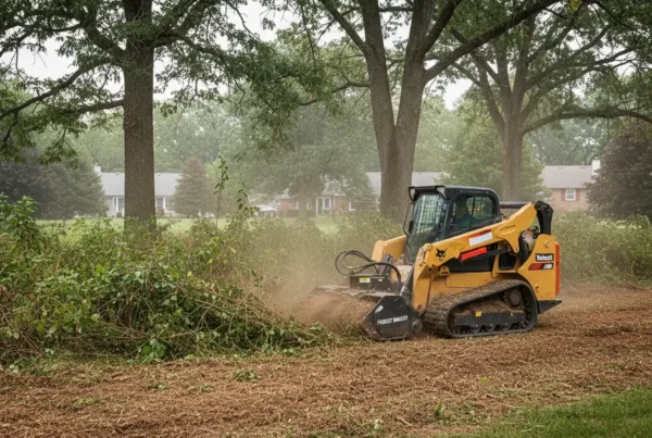 Skid steer with forestry mulcher performing brush clearing on a residential lot in Dublin.
