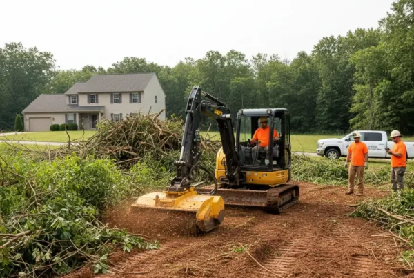Professional crew performing brush clearing on a Hilliard, Ohio property with heavy clay soil.