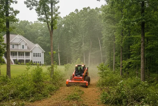 Forestry mulcher clearing dense brush and trees on a sloped residential lot in Hanover.