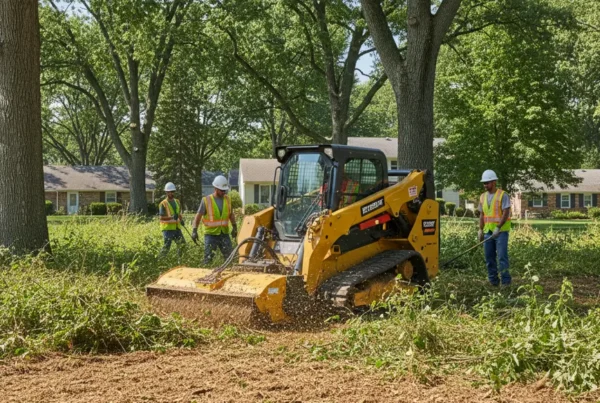 Professional crew performing brush clearing in a Reynoldsburg, Ohio backyard with a skid steer.