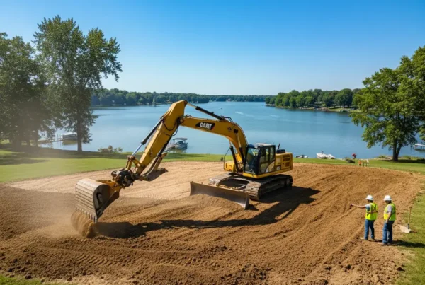 Excavator performing land leveling on a sloped residential property with Buckeye Lake in the background.