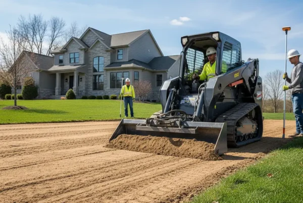 A professional crew using a skid steer for residential land leveling in Dublin, Ohio.