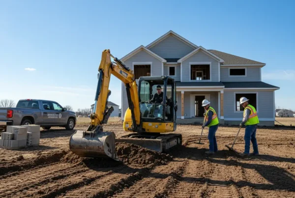 Professional crew using an excavator for land leveling on a residential lot in Grove City.