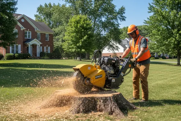 A professional using a stump grinder to remove a tree stump in a Hebron, Ohio yard.