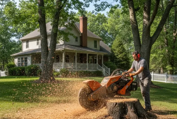 A professional using a stump grinder to remove a large tree stump in a residential yard.