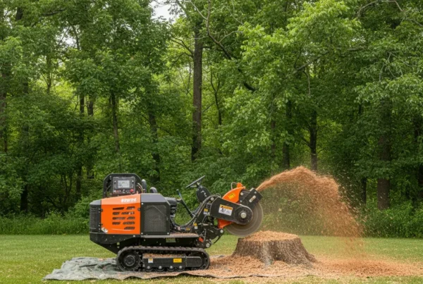 A professional stump grinder machine removing a large tree stump from a residential lawn.