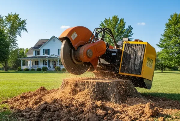 A professional stump grinder machine actively removing a large tree stump from a lawn.