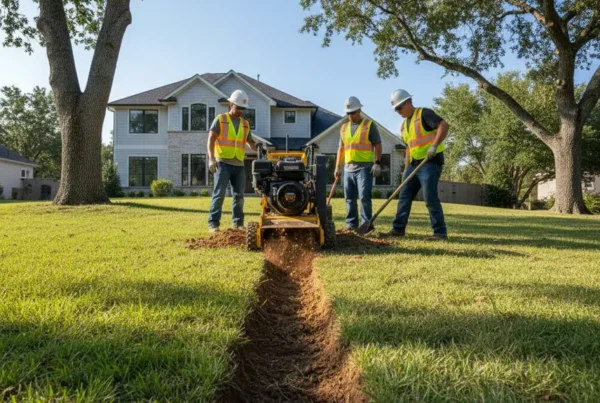 Professional crew using a compact trencher on a residential lawn in Westerville North.