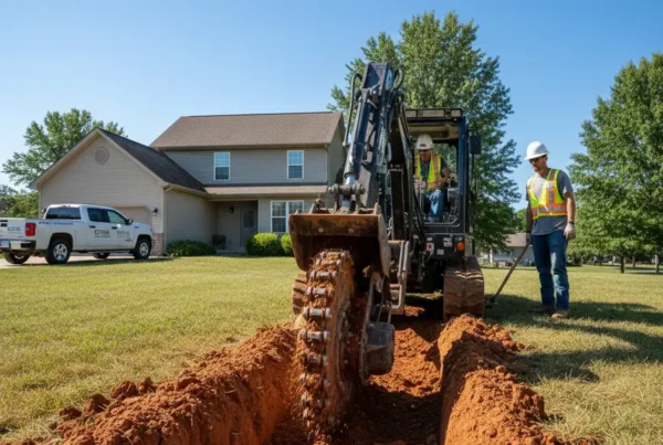 Construction crew using a trencher to dig a utility line in a residential yard with clay-heavy soil.