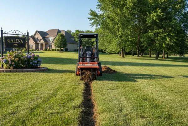 A professional trenching machine digging a utility line on a residential property in Galena, Ohio.