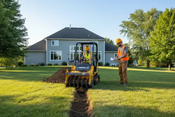 Professional crew operating a trencher in a Marysville, Ohio suburban backyard for a drainage project.