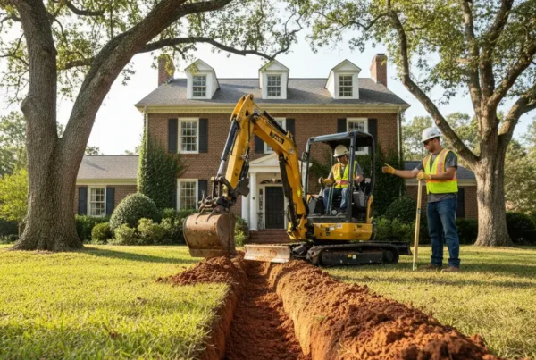 Professional crew trenching with a mini-excavator next to a historic brick home in Bexley.