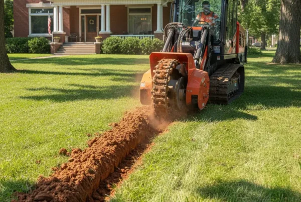 A trenching machine digging a utility line in the front yard of a Columbus, Ohio home.