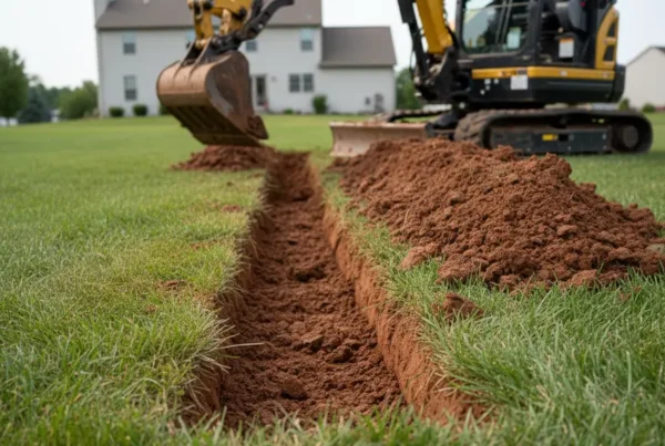Mini-excavator digging a utility trench in a residential yard with heavy clay soil.