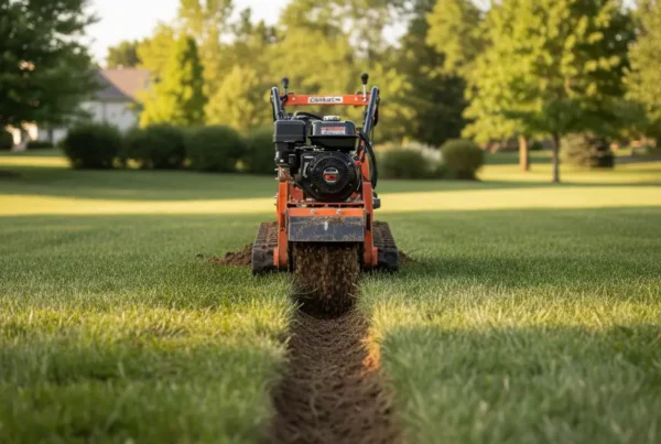 Trenching machine digging a utility line in a Lewis Center, Ohio backyard with trees.