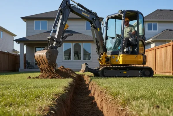 Mini-excavator digging a utility trench in a residential backyard with dense clay soil.