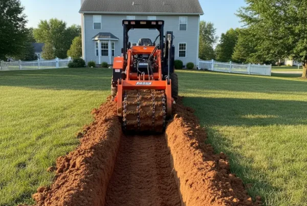 Professional trenching machine digging a clean line through clay soil in a residential backyard.