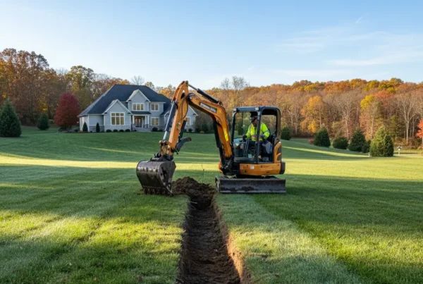 Mini-excavator digging a utility trench on a suburban lawn in Pickerington, Ohio.