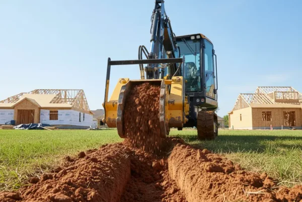 Trenching machine digging a drainage channel in dense clay soil in Plain City, Ohio.
