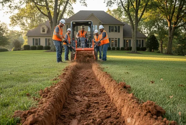 A construction crew uses a compact trencher in a suburban backyard with heavy clay soil.