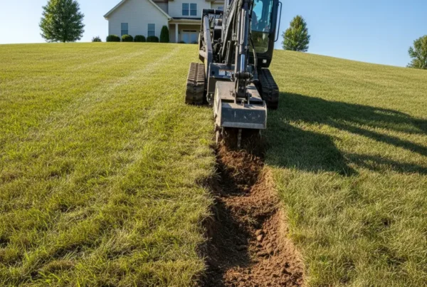Trenching machine digging a drainage channel on a steep residential hill in Lancaster, Ohio.