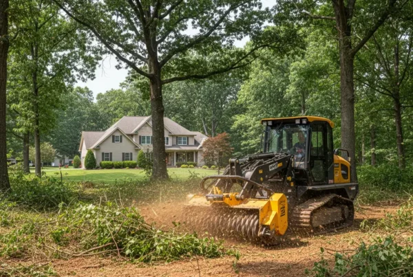 Forestry mulching machine clearing underbrush on a wooded residential lot in Orange Township, Ohio.