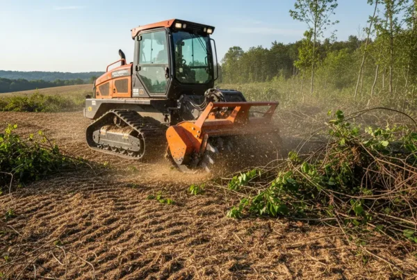 A forestry mulching machine clearing a field with dense trees in Milford Center, Ohio.