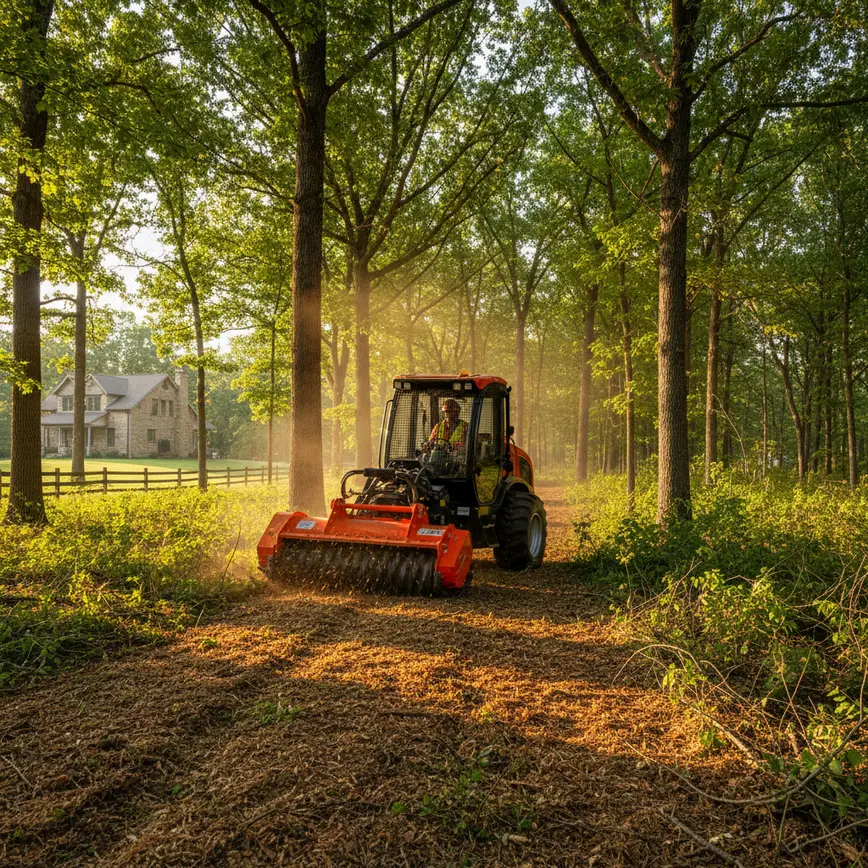 Forestry mulching machine clearing dense undergrowth and trees on a wooded property in Richwood, Ohio.