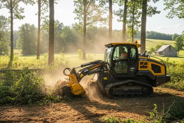 Forestry mulching machine clearing dense trees and underbrush in a Johnstown, Ohio lot.