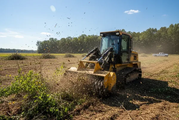A forestry mulching machine clearing dense brush on a flat property in Magnetic Springs.
