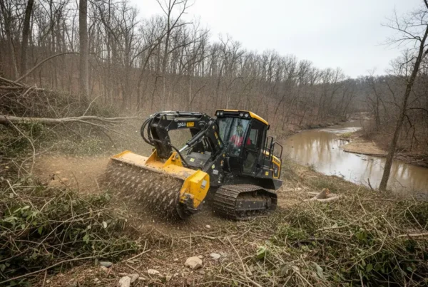 Forestry mulching machine clearing a sloped, wooded lot near Big Walnut Creek in Gahanna.