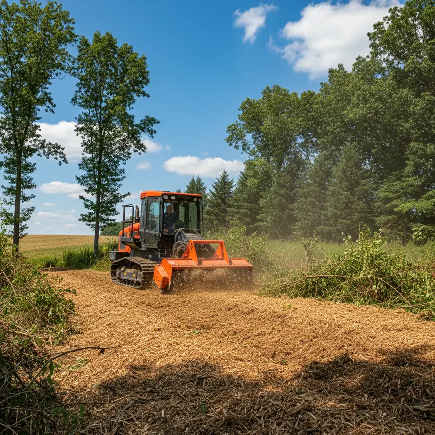 Forestry mulching machine clearing overgrown land on a rolling hill in Etna, Ohio.