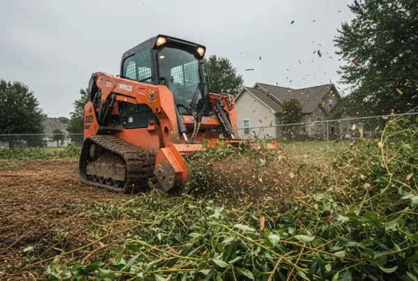 Forestry mulching machine clearing a densely overgrown residential property in Etna, Ohio.