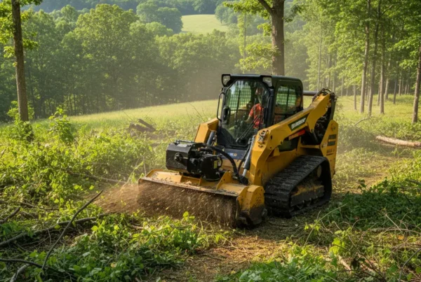 Forestry mulching machine clearing dense underbrush on a sloped property in Hanover, Ohio.