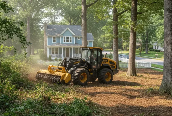 Forestry mulching machine clearing underbrush on a residential lot in Lithopolis, Ohio.