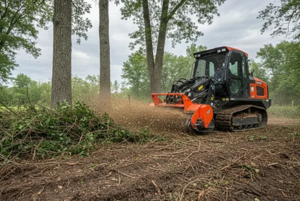 Forestry mulching machine clearing a residential lot with clay soil in Marysville, Ohio.