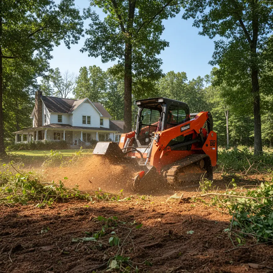 Forestry mulching machine clearing dense brush on a property in Milford Center, Ohio.