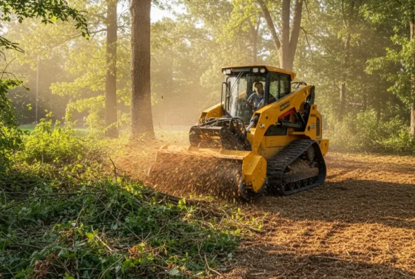 Forestry mulching machine clearing dense brush and trees on a property in Ostrander, Ohio.